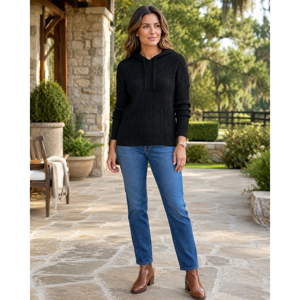 Lauren Ralph Lauren Sweater Womens M Black Cable Knit Cotton Hoodie Pullover